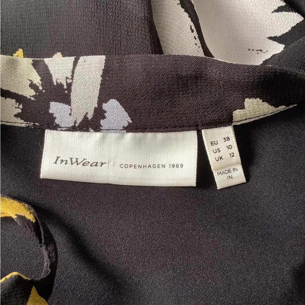 InWear (Copenhagen) Floral Midi Drop Waist Dress Black White Yellow Size 10 - Picture 9 of 13